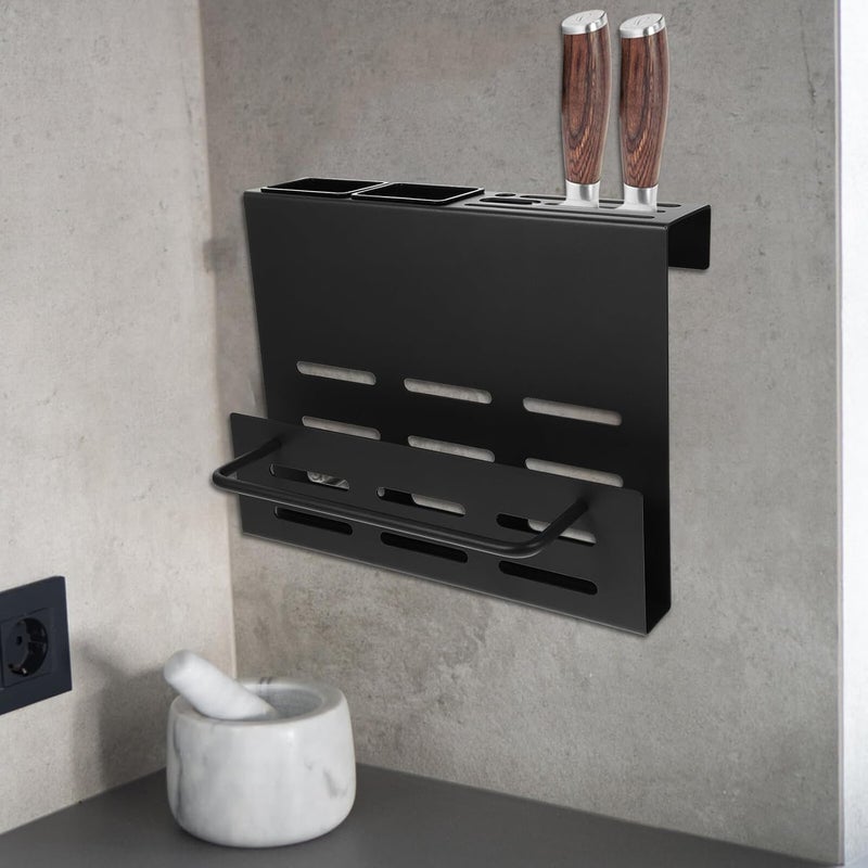 Wall Mounted Kitchen Knife and Cutting Board Organizer with Chopsticks Holder, Black Multifunctional Utensil Rack for Space Saving and Convenient Kitchen Storage - Image 4