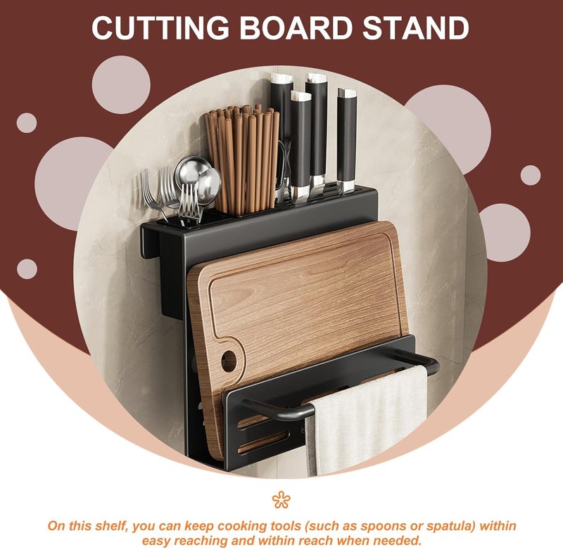 Wall Mounted Kitchen Knife and Cutting Board Organizer with Chopsticks Holder, Black Multifunctional Utensil Rack for Space Saving and Convenient Kitchen Storage - Image 3