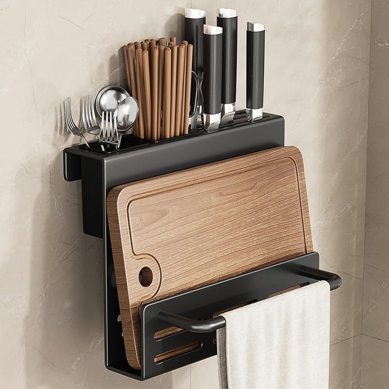 Wall Mounted Kitchen Knife and Cutting Board Organizer with Chopsticks Holder, Black Multifunctional Utensil Rack for Space Saving and Convenient Kitchen Storage - Image 5