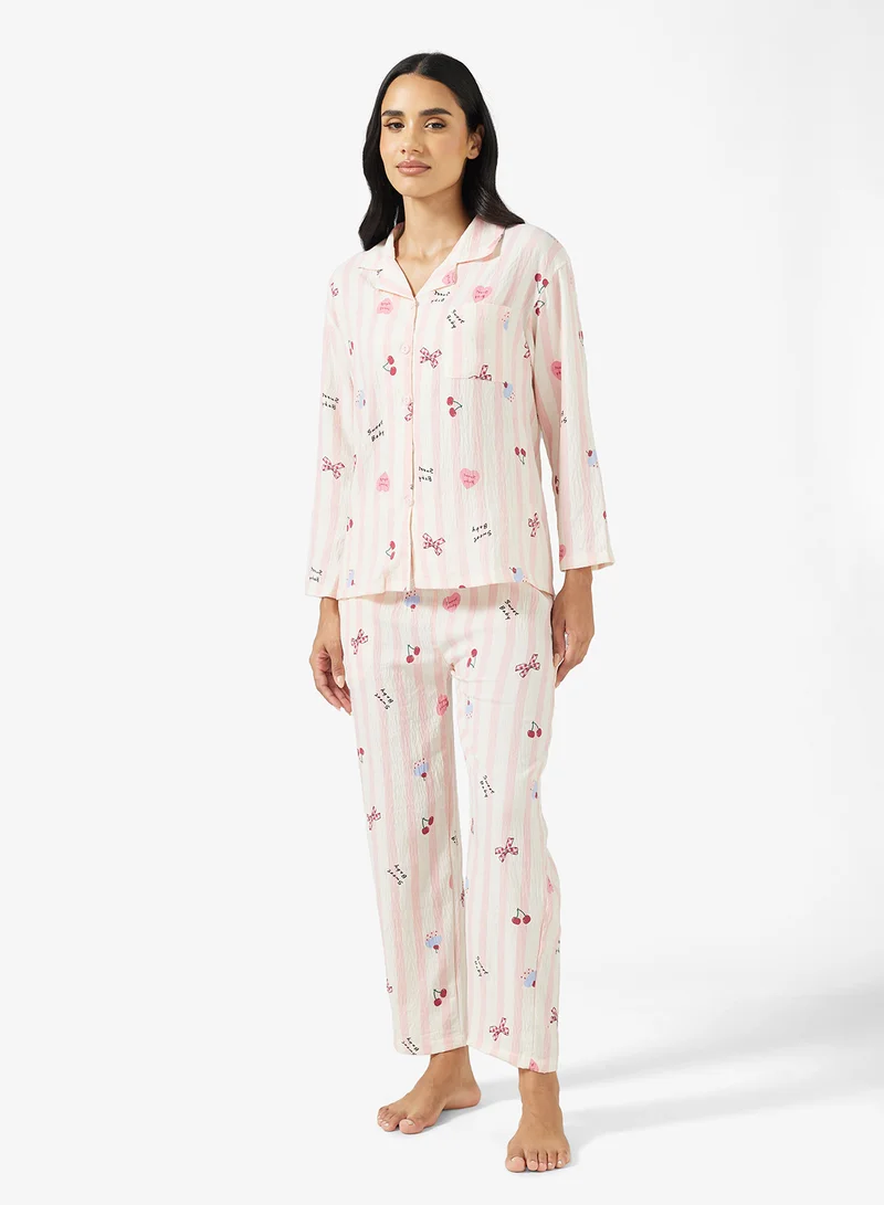 جينجر Button Up Floral Shirt & Pyjama Set
