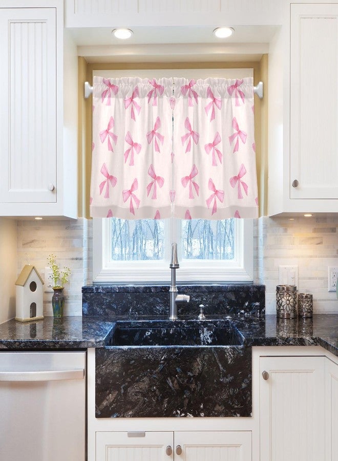 Burbuja Pink Bow Tier Curtain - 24 inch Length, Fluffy Sheer Linen-Like Kitchen & Bedroom Window Curtain - Image 4