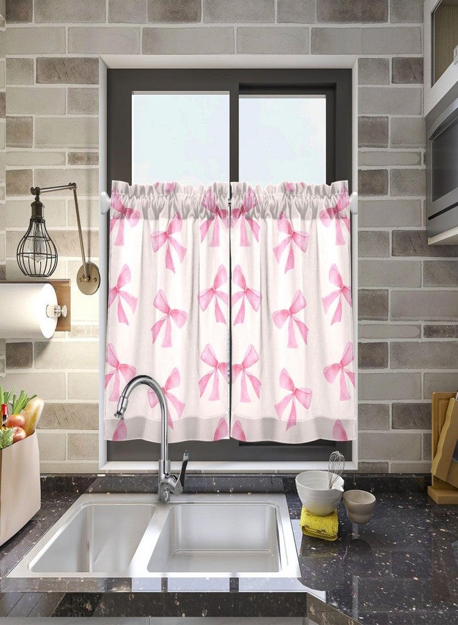 Burbuja Pink Bow Tier Curtain - 24 inch Length, Fluffy Sheer Linen-Like Kitchen & Bedroom Window Curtain - Image 5
