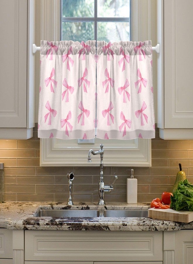 Burbuja Pink Bow Tier Curtain - 24 inch Length, Fluffy Sheer Linen-Like Kitchen & Bedroom Window Curtain - Image 3