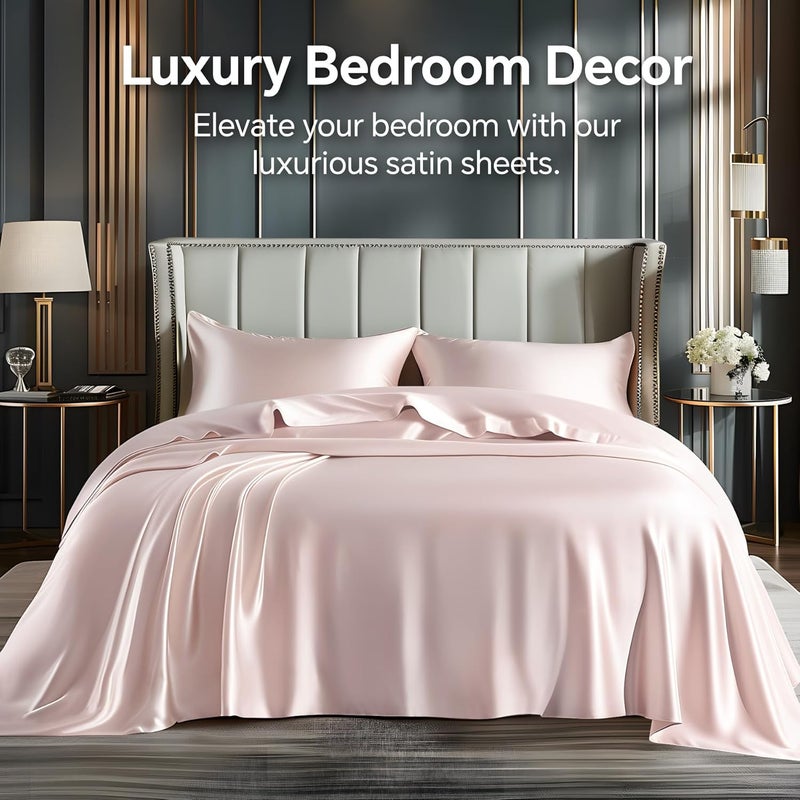 BEDELITE King Size Sheets Set, Luxury Soft Pink Satin Sheets for Hair and Skin, Similar to Silk Bed Sheets Set 4 Pieces with 1 Deep Pocket Fitted Sheet, 1 Flat Sheet, and 2 Pillowcases - Image 2