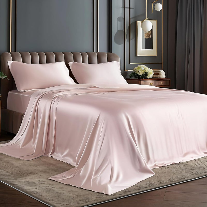 BEDELITE King Size Sheets Set, Luxury Soft Pink Satin Sheets for Hair and Skin, Similar to Silk Bed Sheets Set 4 Pieces with 1 Deep Pocket Fitted Sheet, 1 Flat Sheet, and 2 Pillowcases - Image 1