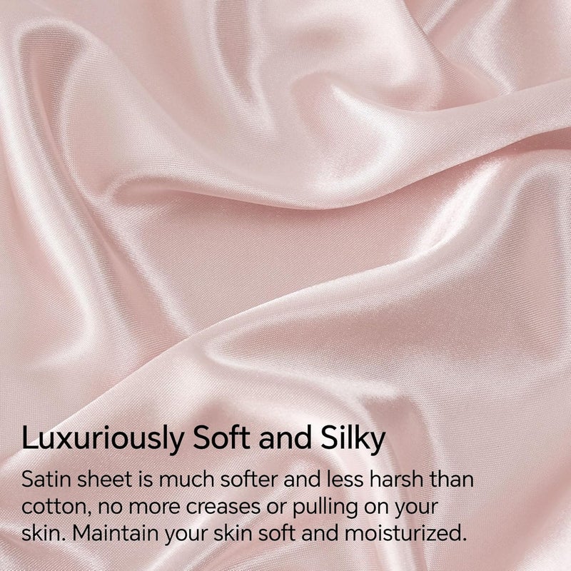 BEDELITE King Size Sheets Set, Luxury Soft Pink Satin Sheets for Hair and Skin, Similar to Silk Bed Sheets Set 4 Pieces with 1 Deep Pocket Fitted Sheet, 1 Flat Sheet, and 2 Pillowcases - Image 3