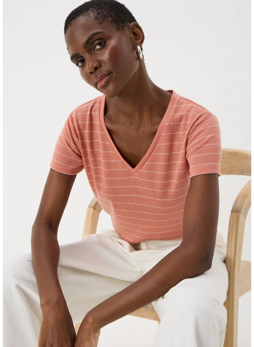 Matalan Pink Stripe Linen Blend V-Neck T-Shirt