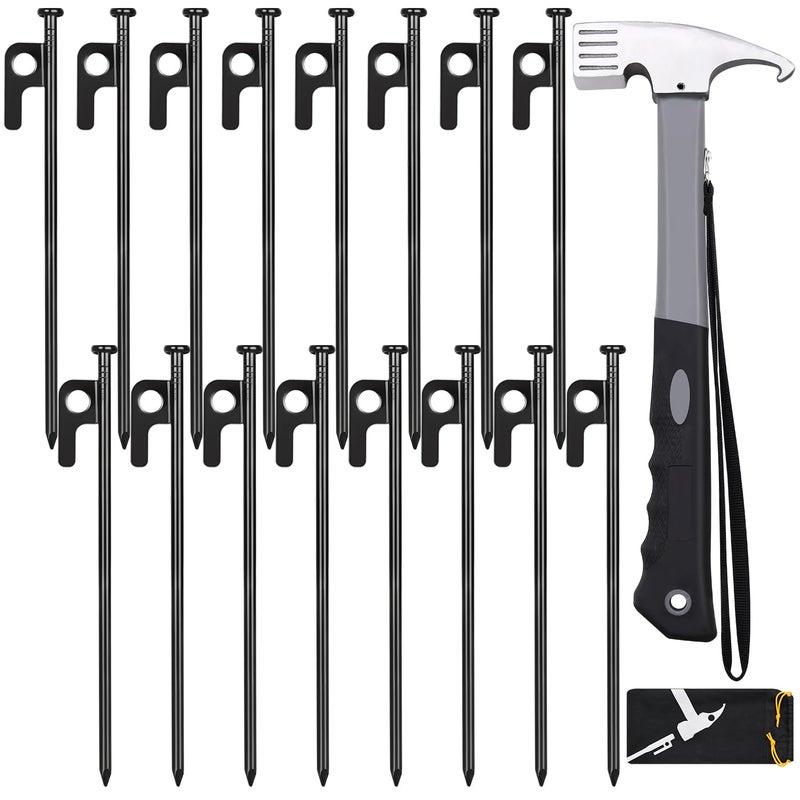 DkOvn مجموعة أوتاد ومطرقة خيمة، عبوة من 16 وتد خيمة فولاذية مطروقة شديدة التحمل بطول 8 بوصات + مطرقة تخييم شديدة التحمل بطول 12 بوصة + حقيبة تخزين، متوفرة في روكي بليس - Image 1