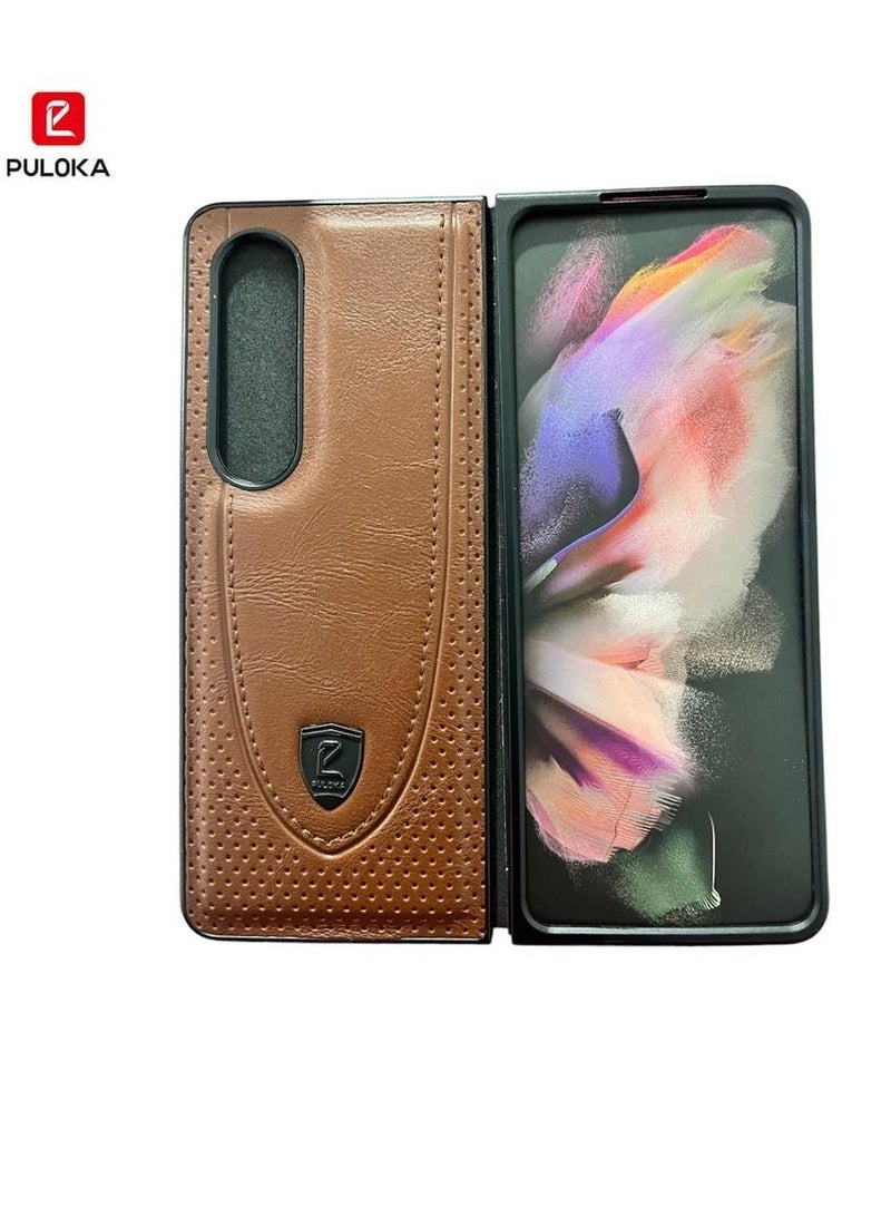 PULOKA Genuine Leather Protective Case Slim Anti-Shock Full Coverage For Samsung Galaxy Z Fold 4 5G Brown