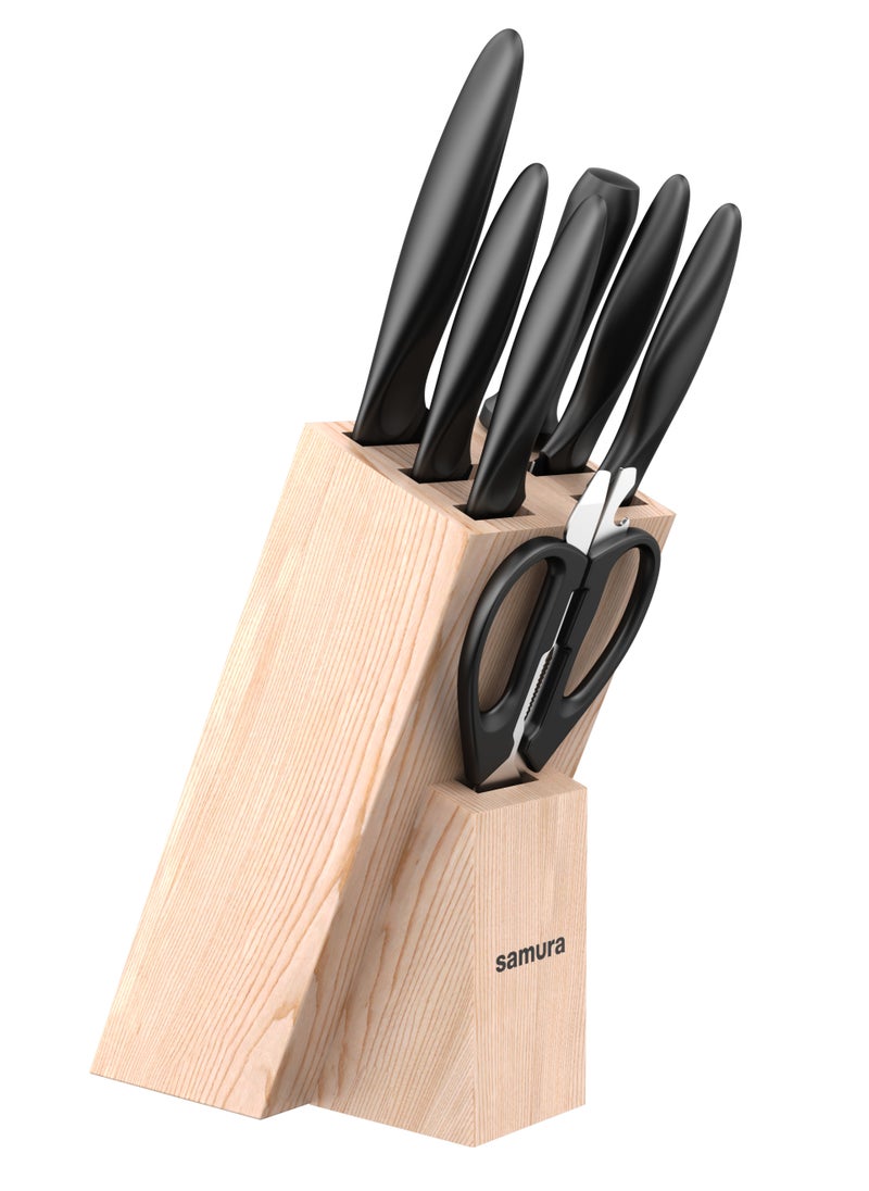 Samura - Samura MOJO Knife Block Set of 8 | Black | Paring, Utility, Fillet, Bread, Chef's Knives, Honing Rod, Scissors, Wooden Knife Block | Polypropylene Handle | AUS-8 Stonewash Blade - Image 1