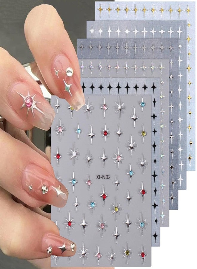 BYJKYEN 6 Sheets Star Nail Stickers for Nail Art, 3D Glitter Shiny Gold Silver White Black Stars Nail Art Design Decals Self-Adhesive Star Stickers DIY Nail Decals Nail Tips for Manicure Decoration Supplies - Image 1
