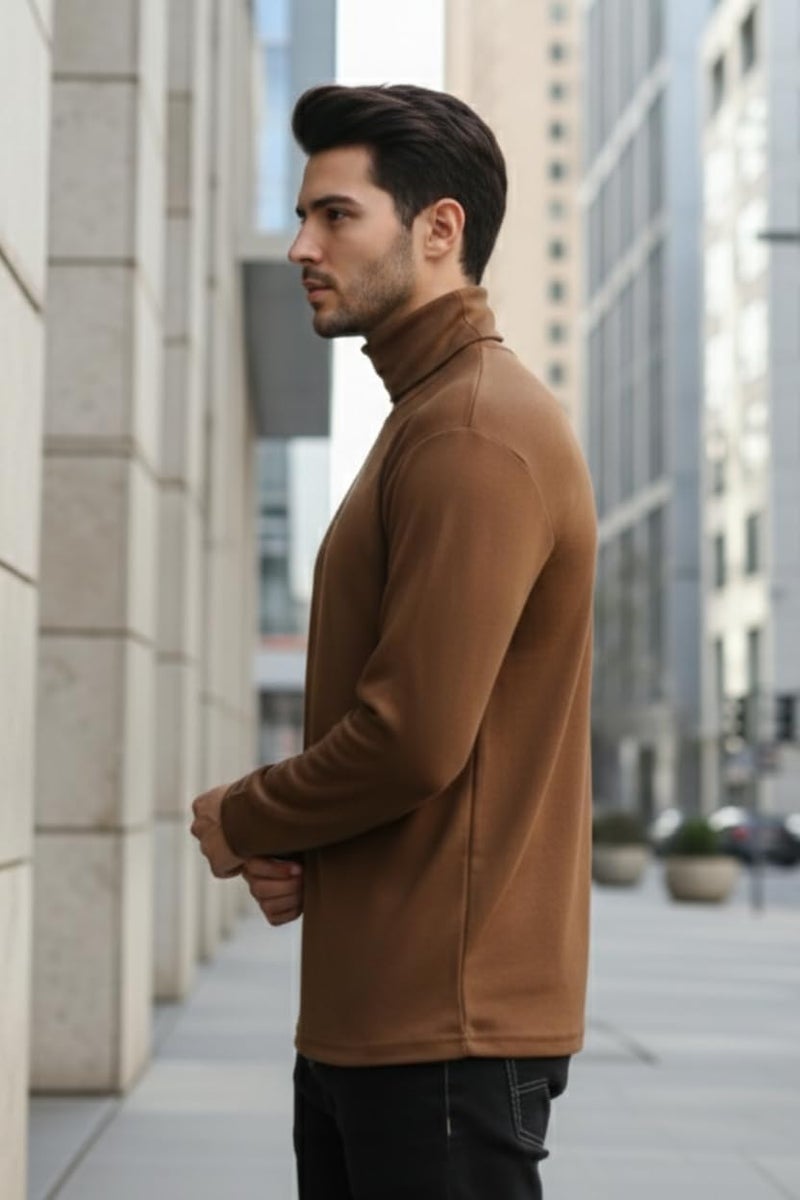 CHKOKKO Men’s Full Sleeve Cotton Turtle Neck T Shirt | Stylish Regular Fit Winter Wear | Soft Stretchy Fabric Casual Layering Outfit | Trendy Solid Tshirt for Men Brown XXL - Image 5