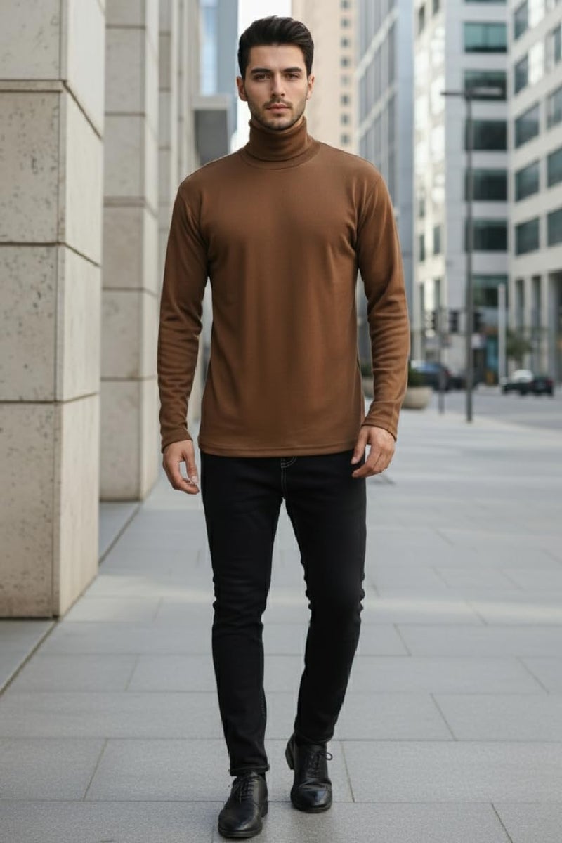 CHKOKKO Men’s Full Sleeve Cotton Turtle Neck T Shirt | Stylish Regular Fit Winter Wear | Soft Stretchy Fabric Casual Layering Outfit | Trendy Solid Tshirt for Men Brown XXL - Image 3