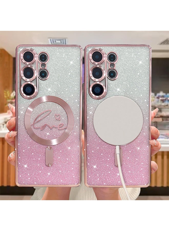 اتش واي لحافظة Samsung Galaxy S25 Ultra المغناطيسية، للنساء والفتيات، ناعمة ولطيفة وفاخرة، مطلية بقلب حب، لامعة، شفافة، متوافقة مع MagSafe، مقاومة للصدمات، غطاء خلفي (وردي) - Image 3
