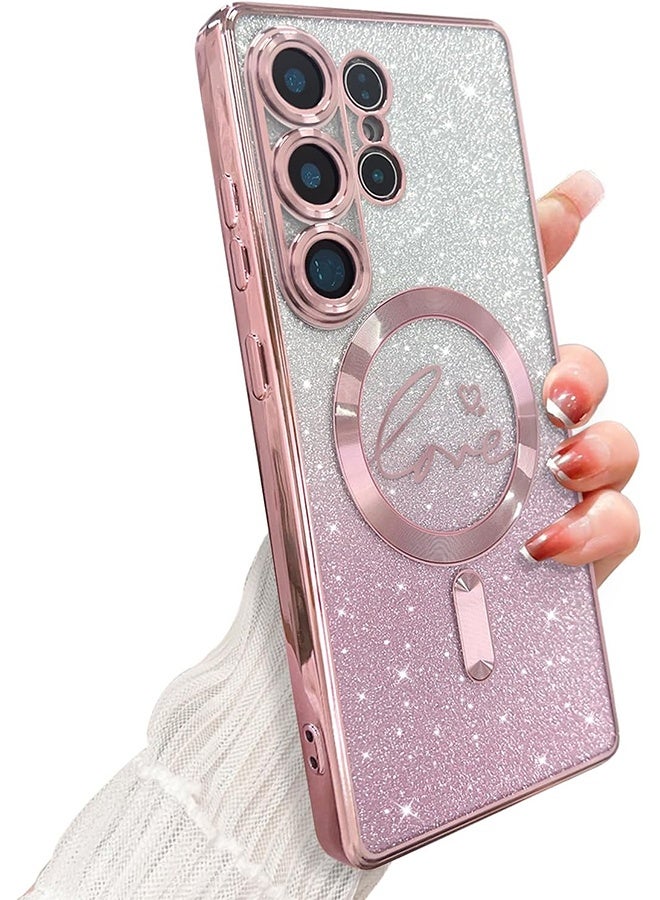 اتش واي لحافظة Samsung Galaxy S25 Ultra المغناطيسية، للنساء والفتيات، ناعمة ولطيفة وفاخرة، مطلية بقلب حب، لامعة، شفافة، متوافقة مع MagSafe، مقاومة للصدمات، غطاء خلفي (وردي) - Image 1
