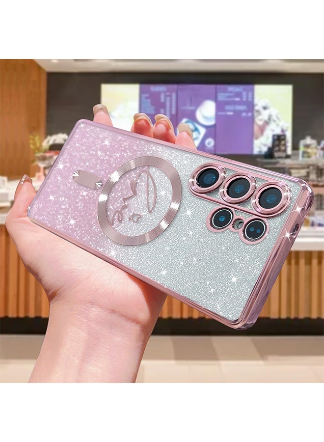 اتش واي لحافظة Samsung Galaxy S25 Ultra المغناطيسية، للنساء والفتيات، ناعمة ولطيفة وفاخرة، مطلية بقلب حب، لامعة، شفافة، متوافقة مع MagSafe، مقاومة للصدمات، غطاء خلفي (وردي) - Image 4