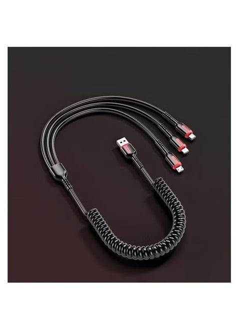 66W 3 in 1 Fast Charger Multi Function Charger Cable, Spring Retractable Data Cable, USB Cable Cord Adapter with Lightning/Type C/USB Port (Black)