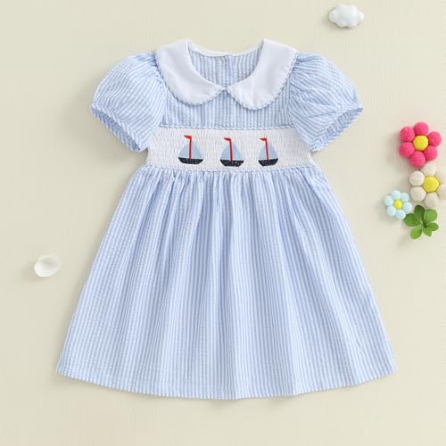 Socutebabe Toddler Baby Girl Sailboat Outfit Smocked Dresses Doll Collar Dress Cute Little Girls Summer Clothes (sail Boat Blue, 2-3 Years) - Image 4