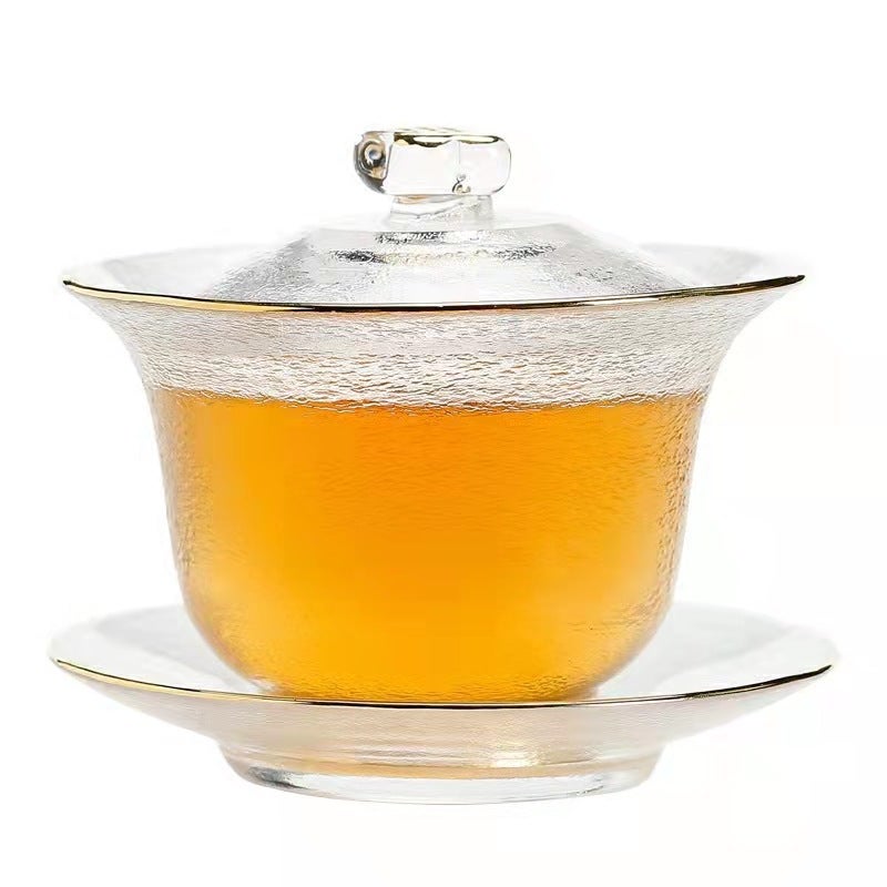 Transparent glass three-piece cover Bowl suit hand painted golden edge glass kung fu tea set tea maker household Master Cup PHNOM PENH-fine grain cover Bowl 