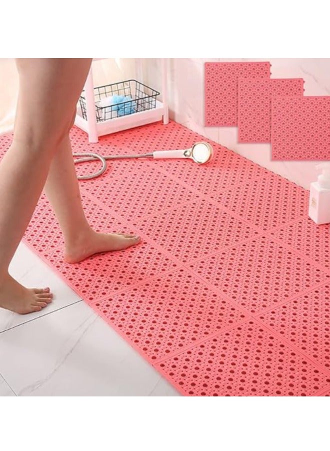 حمام حصيرة 12 قطعة غير زلة دش حصيرة حمام حصيرة مع فتحة التصريف حمام السجاد المتشابكة لينة بولي كلوريد الفينيل حصيرة الكلمة ، ومناسبة للأسر مطبخ وحمام مع شرفة حمام ( الوردي ) - Image 1