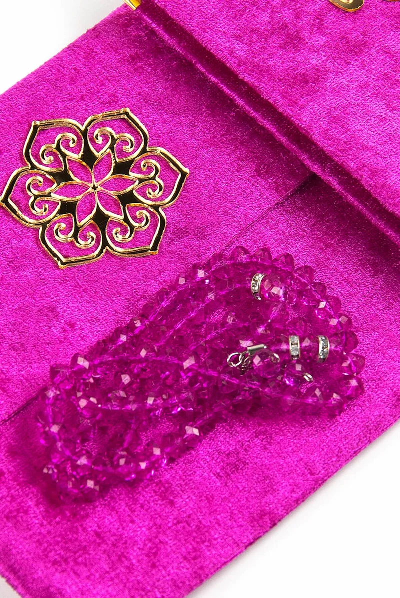 ايهفان Ikhvan Name-Made Velvet Covered Yasin Book Set with Purse and Prayer Beads Fuchsia