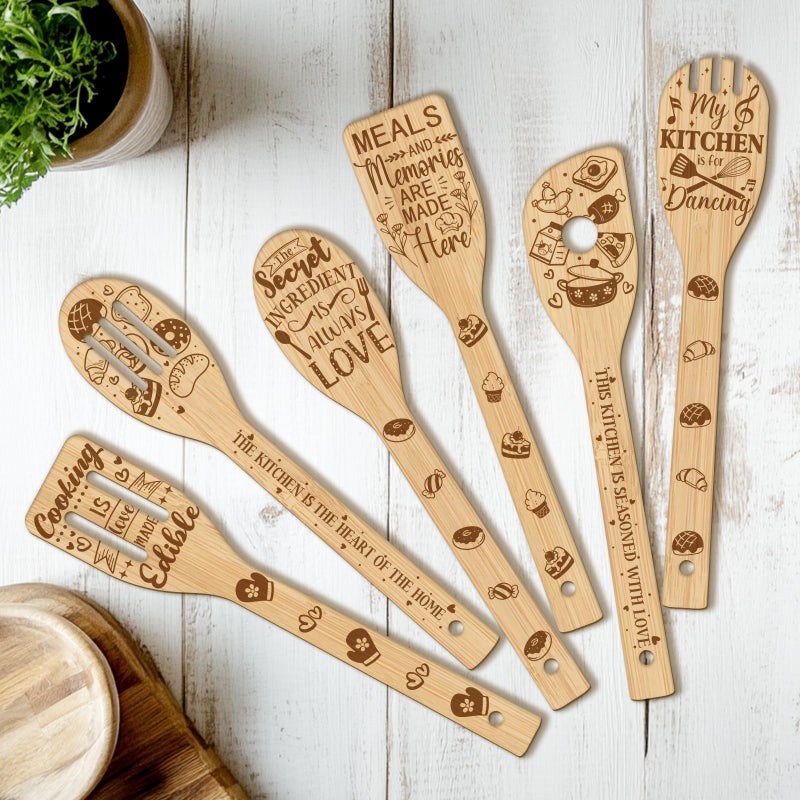 CUTHOLLOW 6Pcs Wooden Kitchen Utensil Set for Cooking, Funny Kitchen Bamboo Cooking Spoons Set, Mothers Day Gifts Ideas - Unique Birthday Anniversary Housewarming Gift for Mom Grandma Wife - Image 1
