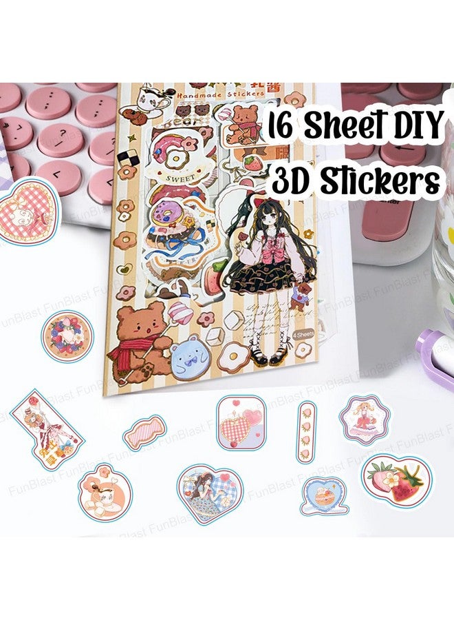 فنبلاست مجموعة ملصقات FunBlast Kawaii - 16 ورقة (100+ قطعة) ملصقات ثلاثية الأبعاد DIY للبنات، ملصقات جمالية، ملصقات للتدوين، سكرابوكينغ، مجموعة ملصقات لطيفة (BoboBear-4X4=16 ورقة) - Image 4