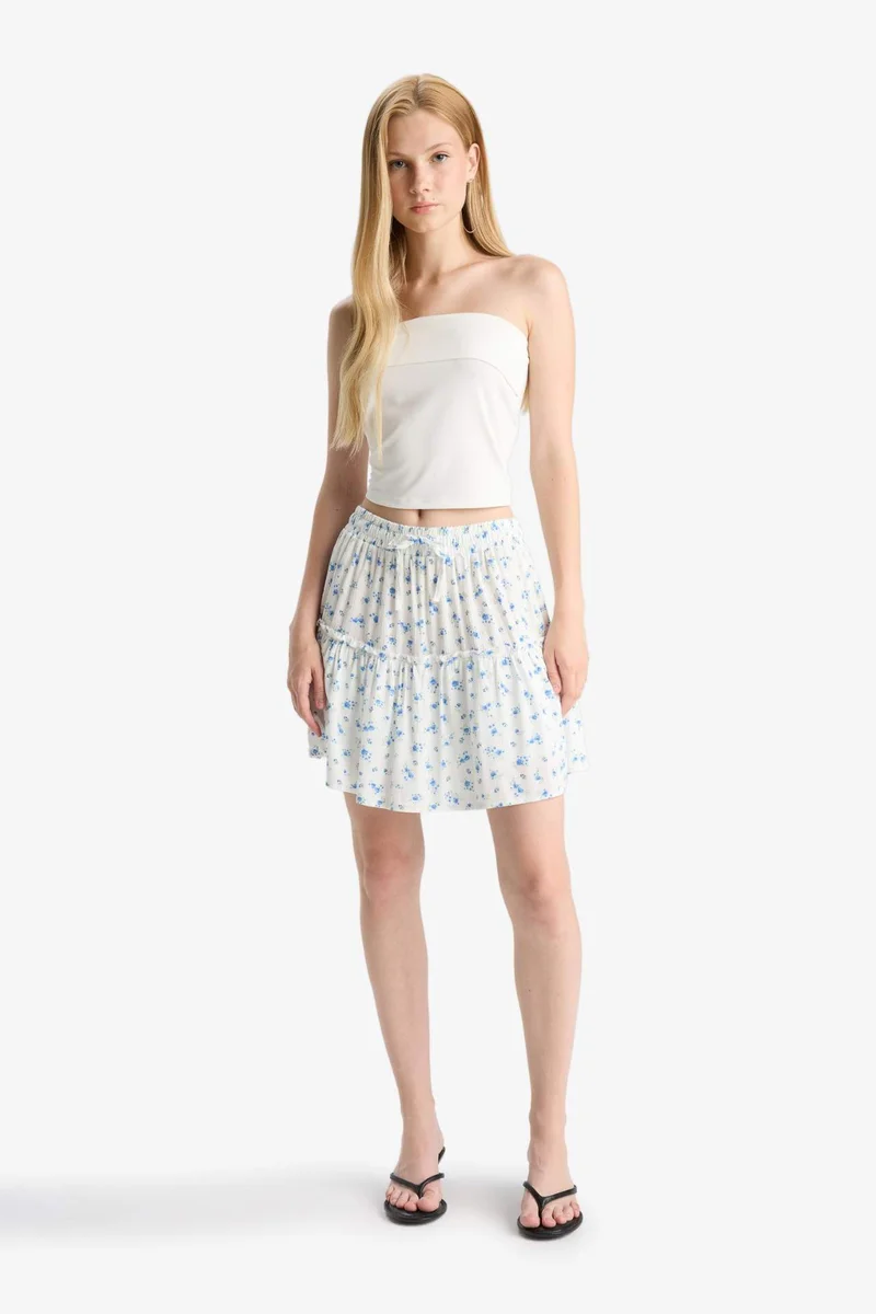 ديفاكتو Patterned High Waist Cotton Lining Crinkle Viscose Mini Skirt