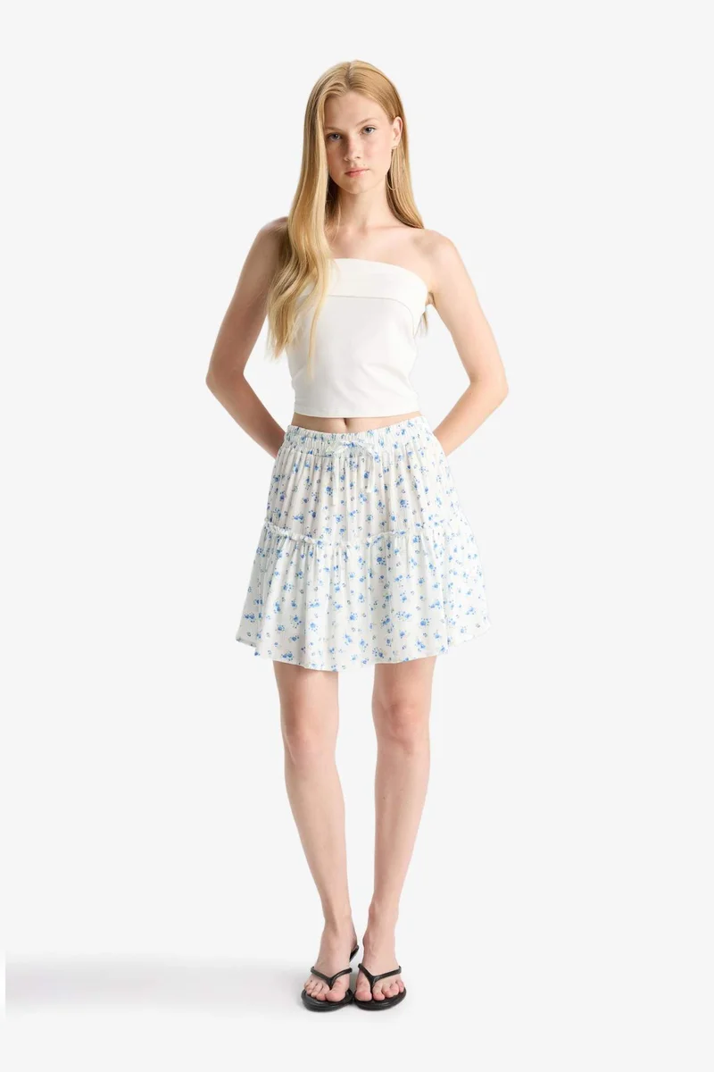 ديفاكتو Patterned High Waist Cotton Lining Crinkle Viscose Mini Skirt