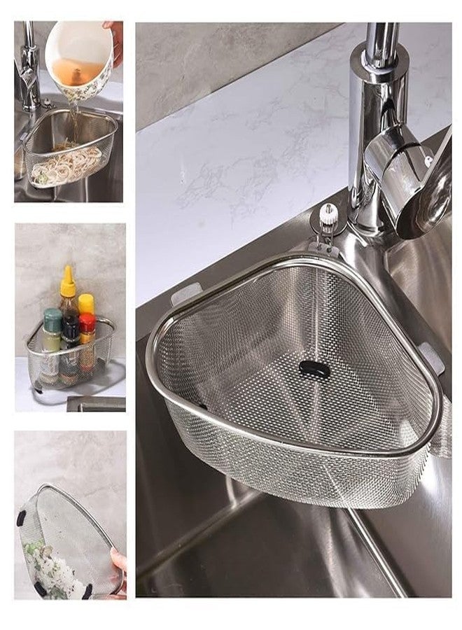 HELIMIX Corner Sink Basket – Stainless Steel Mesh Drain Rack for Kitchen Sink | Adhesive Wall Mounted Triangle Basket with Hooks | Rust-Resistant Corner Shelf Organizer for Sponge, Soap & Scrubber - Image 2