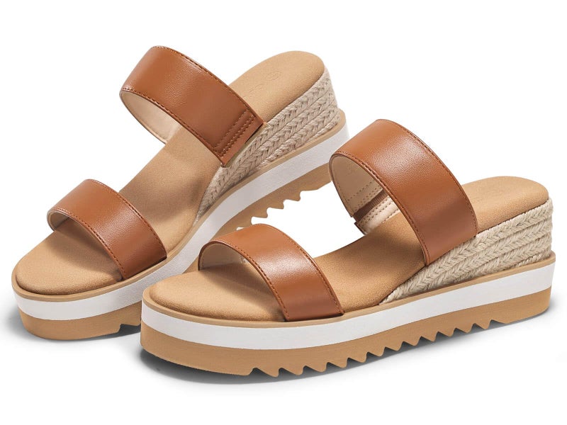 Coutgo Womens Platform Sandals Espadrille Wedge Heels Comfortable Slip on Slides Open Toe Summer Beach Shoes, Brown Pu, Size 6 - Image 1