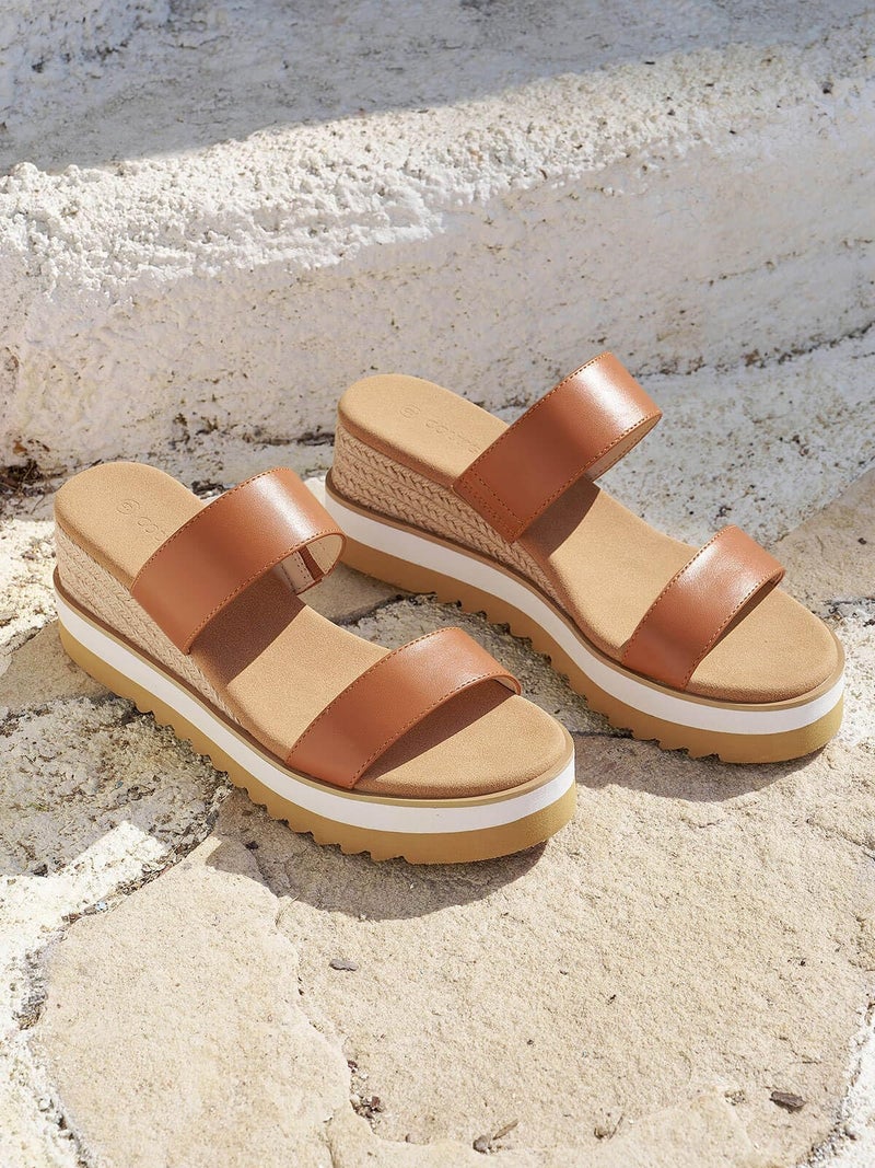 Coutgo Womens Platform Sandals Espadrille Wedge Heels Comfortable Slip on Slides Open Toe Summer Beach Shoes, Brown Pu, Size 6 - Image 3