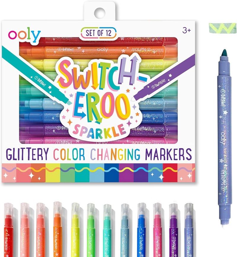 Ooly 12 Pack Sparkle Switch-eroo Color Changing Markers, Dual Tip Markers for Kids, Double Ended Chisel Tip Marker Set Great for Art Supplies, Drawing and Stationery Sets - Image 1