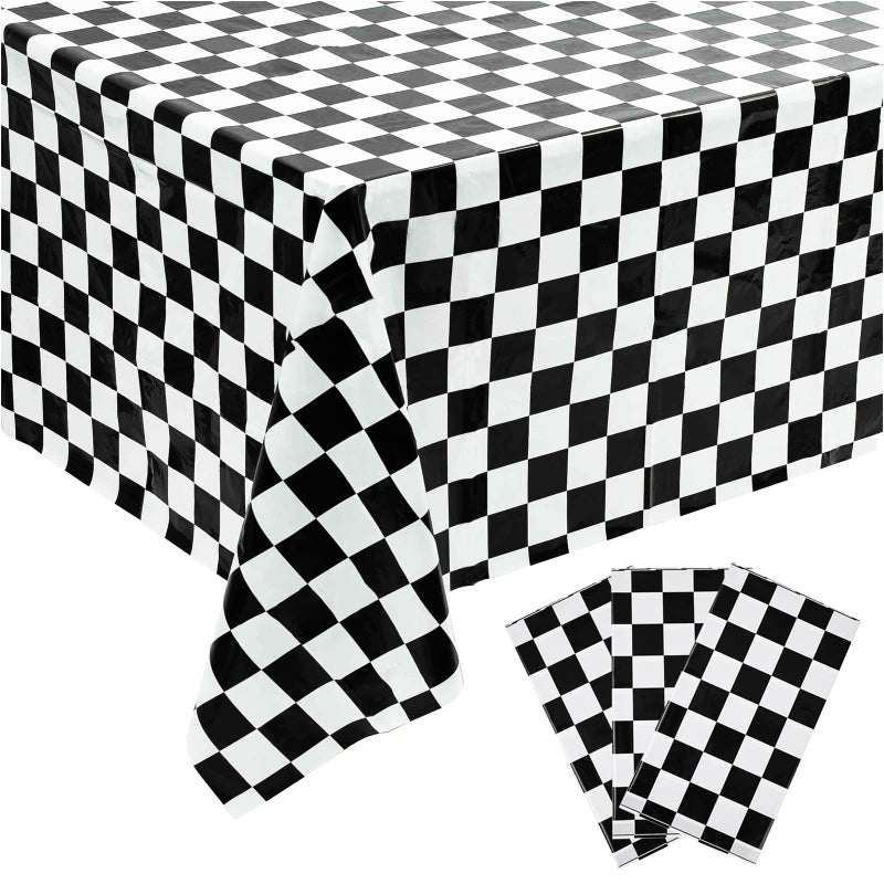 Kesfey 3 Packs Black and White Checkered Tablecloths 54 x 108 Inches Disposable Plastic Checkered Flag Racing Table Cover Waterproof Rectangle Race Car Table Cloth for Picnic Party Retro Celebration