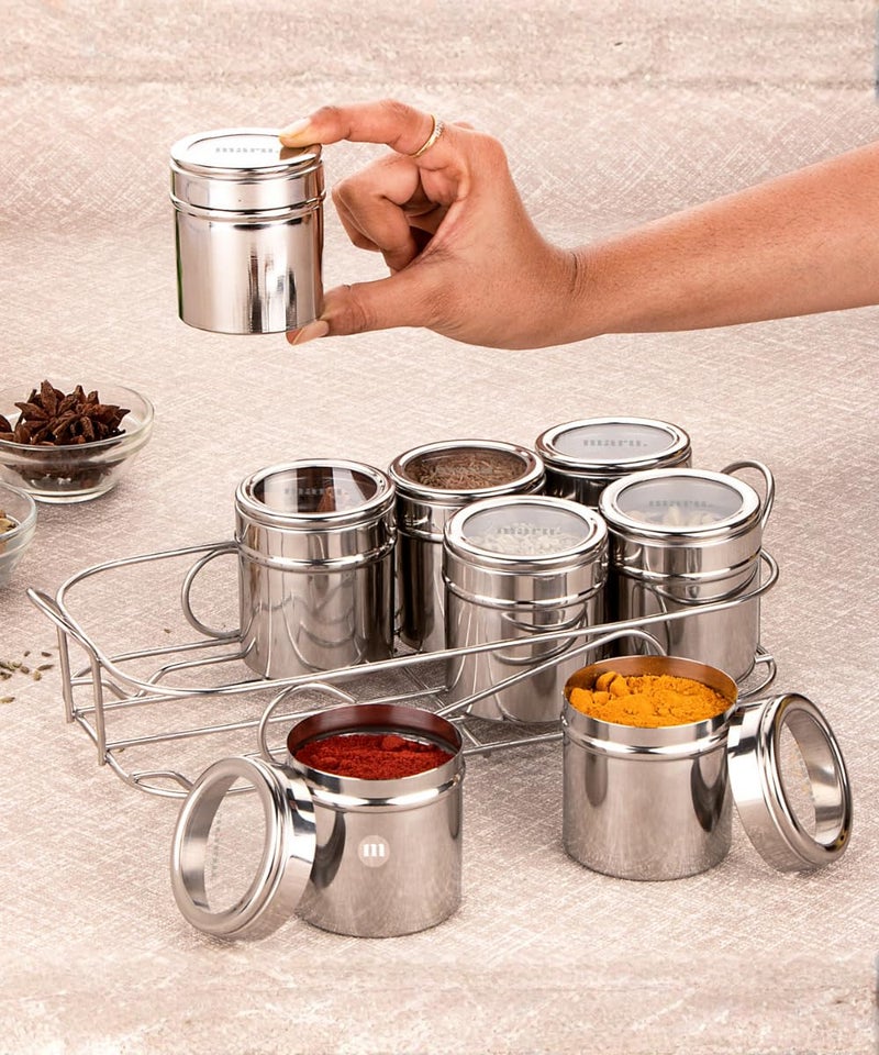 MARU 8 in 1 Stainless Steel Multipurpose Storage Containers - Perfect Organizer for Masala Spices, Herbs, Mouth Freshner, Dry Fruits, 130ml Each Airtight Containers with See-Through Easy Push Lid - Image 1
