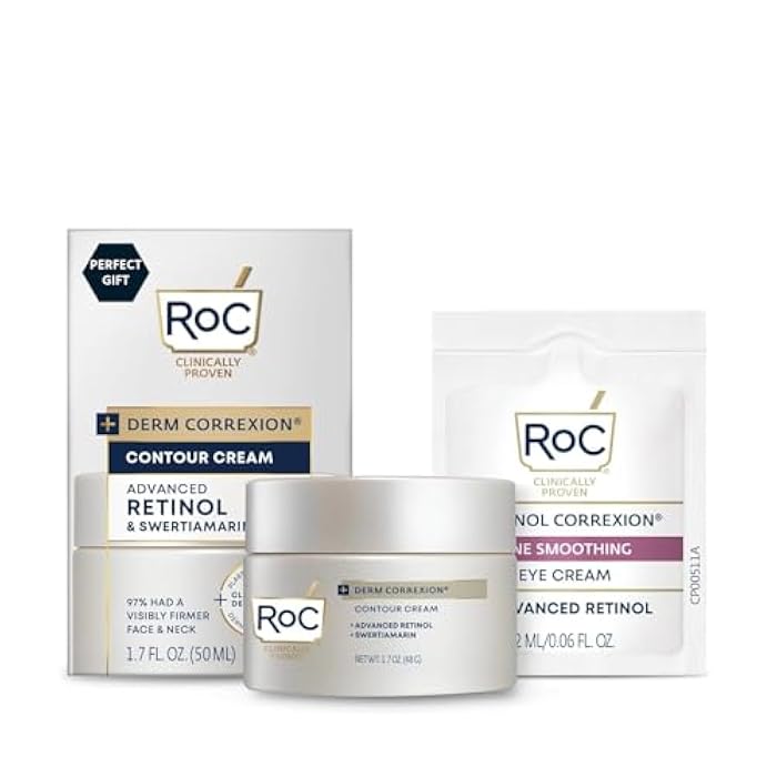 RoC Derm Correxion Neck Cream with Hyaluronic Acid + Advanced Retinol to visibly Tighten & Lift Horizontal Neck Lines, Facial Moisturizer to Contour Face (1.7 oz) with RoC Retinol Eye Packette - Image 1