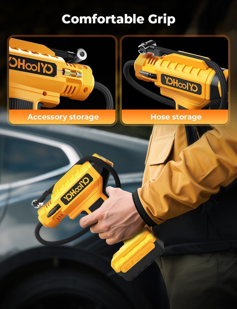YOHOOLYO منفاخ الإطارات اللاسلكي مع مقياس ضغط رقمي وضوء LED - 20V, 100PSI - Image 5