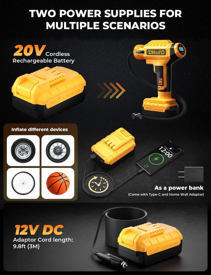 YOHOOLYO منفاخ الإطارات اللاسلكي مع مقياس ضغط رقمي وضوء LED - 20V, 100PSI - Image 4