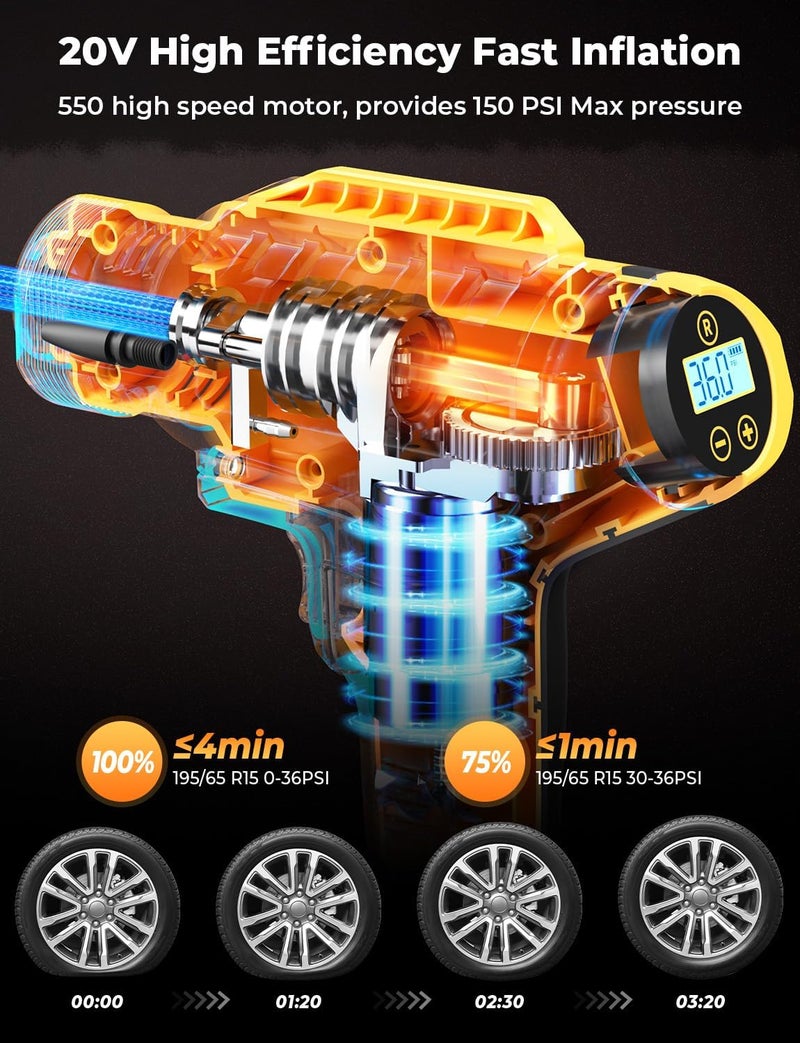 YOHOOLYO منفاخ الإطارات اللاسلكي مع مقياس ضغط رقمي وضوء LED - 20V, 100PSI - Image 3