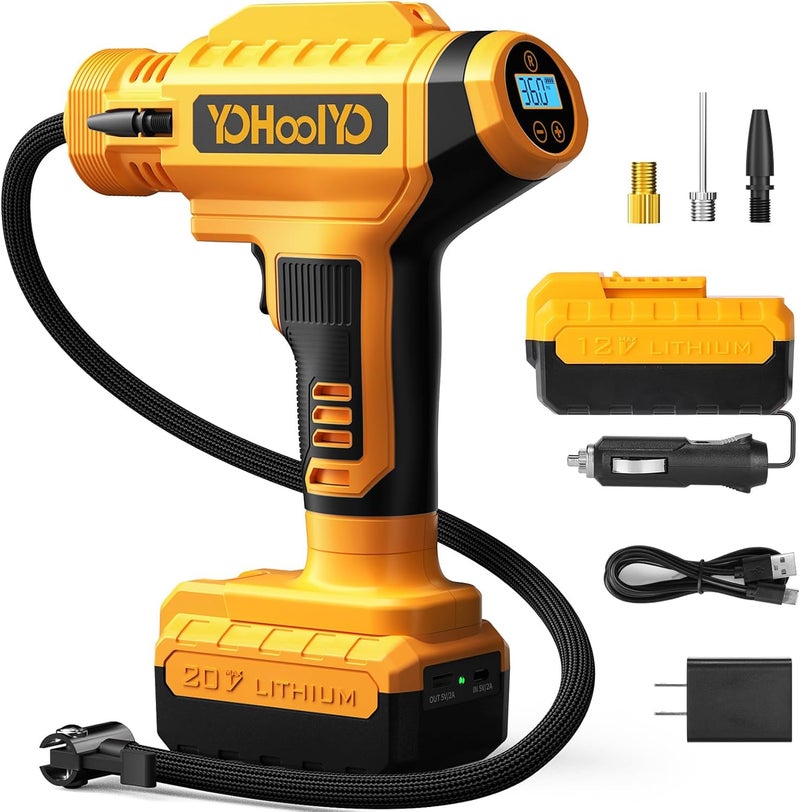 YOHOOLYO منفاخ الإطارات اللاسلكي مع مقياس ضغط رقمي وضوء LED - 20V, 100PSI - Image 1
