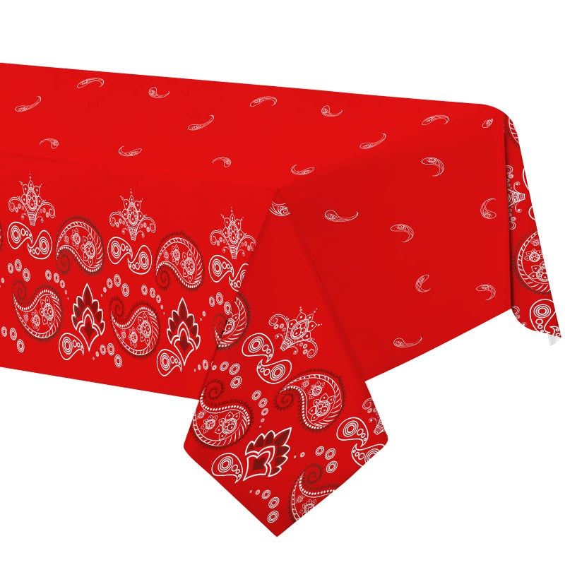 PHOGARY 2 Pieces Western Party Tablecloth Bandana Cowboy Themed Disposable Table Cloth Red Paisley Print Plastic Rectangular Floral Table Covers for Cowboy Themed Party Decorations