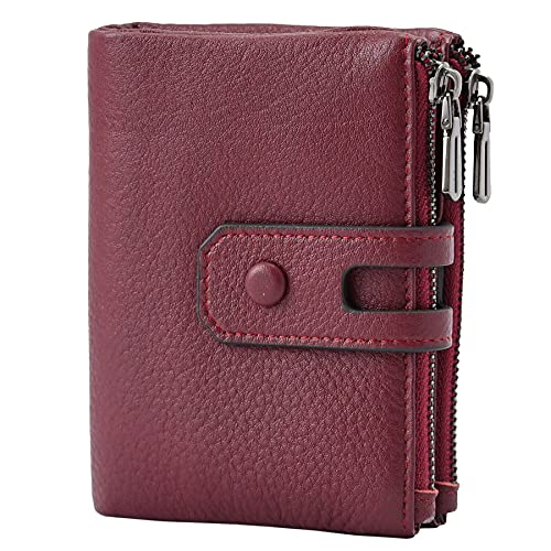 Bveyzi Small Soft Leather Wallet for Women RFID Blocking Ladies Card Holder with Double Zipper Pocket (Wine Red) - Image 1