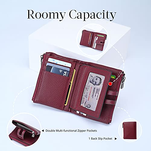 Bveyzi Small Soft Leather Wallet for Women RFID Blocking Ladies Card Holder with Double Zipper Pocket (Wine Red) - Image 2
