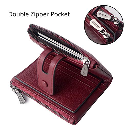 Bveyzi Small Soft Leather Wallet for Women RFID Blocking Ladies Card Holder with Double Zipper Pocket (Wine Red) - Image 3
