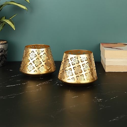 Heyearth Set of 2 Votive Tealight Candle Holders for Dining Table Centerpiece, Coffee Table, Mantel, Or Any Table Top.Modern Candle Stand for Home Decoration - Gold - 3 Inches - Image 2