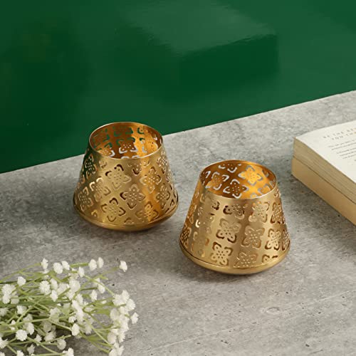 Heyearth Set of 2 Votive Tealight Candle Holders for Dining Table Centerpiece, Coffee Table, Mantel, Or Any Table Top.Modern Candle Stand for Home Decoration - Gold - 3 Inches - Image 3