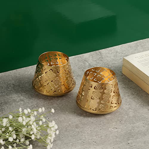 Heyearth Set of 2 Votive Tealight Candle Holders for Dining Table Centerpiece, Coffee Table, Mantel, Or Any Table Top.Modern Candle Stand for Home Decoration - Gold - 3 Inches - Image 4