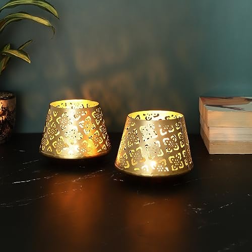 Heyearth Set of 2 Votive Tealight Candle Holders for Dining Table Centerpiece, Coffee Table, Mantel, Or Any Table Top.Modern Candle Stand for Home Decoration - Gold - 3 Inches - Image 1