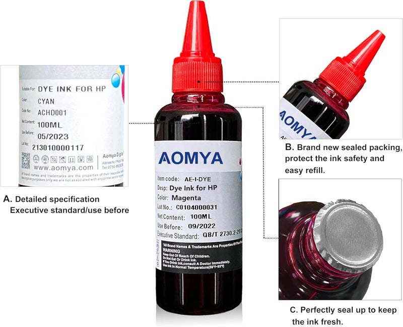 Aomya Ink Refill Kit 100ml for HP 61 60 62 63 564 920 901 902 932 933 934 940 950 951 952 94 95 96 Inkjet Printer Cartridges Refillable Ink Cartridges CIS CISS System 4 Color Set with 4 Syringes - Image 2
