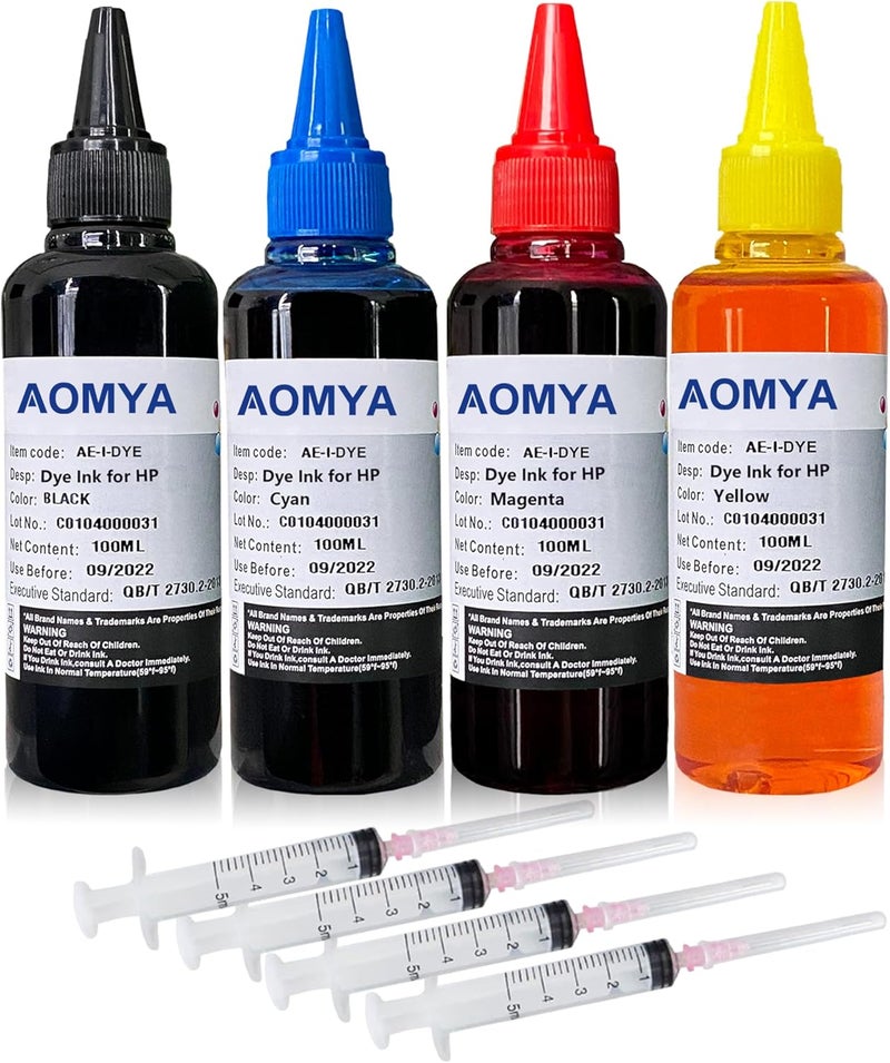 Aomya Ink Refill Kit 100ml for HP 61 60 62 63 564 920 901 902 932 933 934 940 950 951 952 94 95 96 Inkjet Printer Cartridges Refillable Ink Cartridges CIS CISS System 4 Color Set with 4 Syringes - Image 1